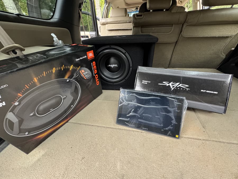 Customer's gear before install: JBL speakers, Skar subwoofer and amp, Sony touchscreen radio