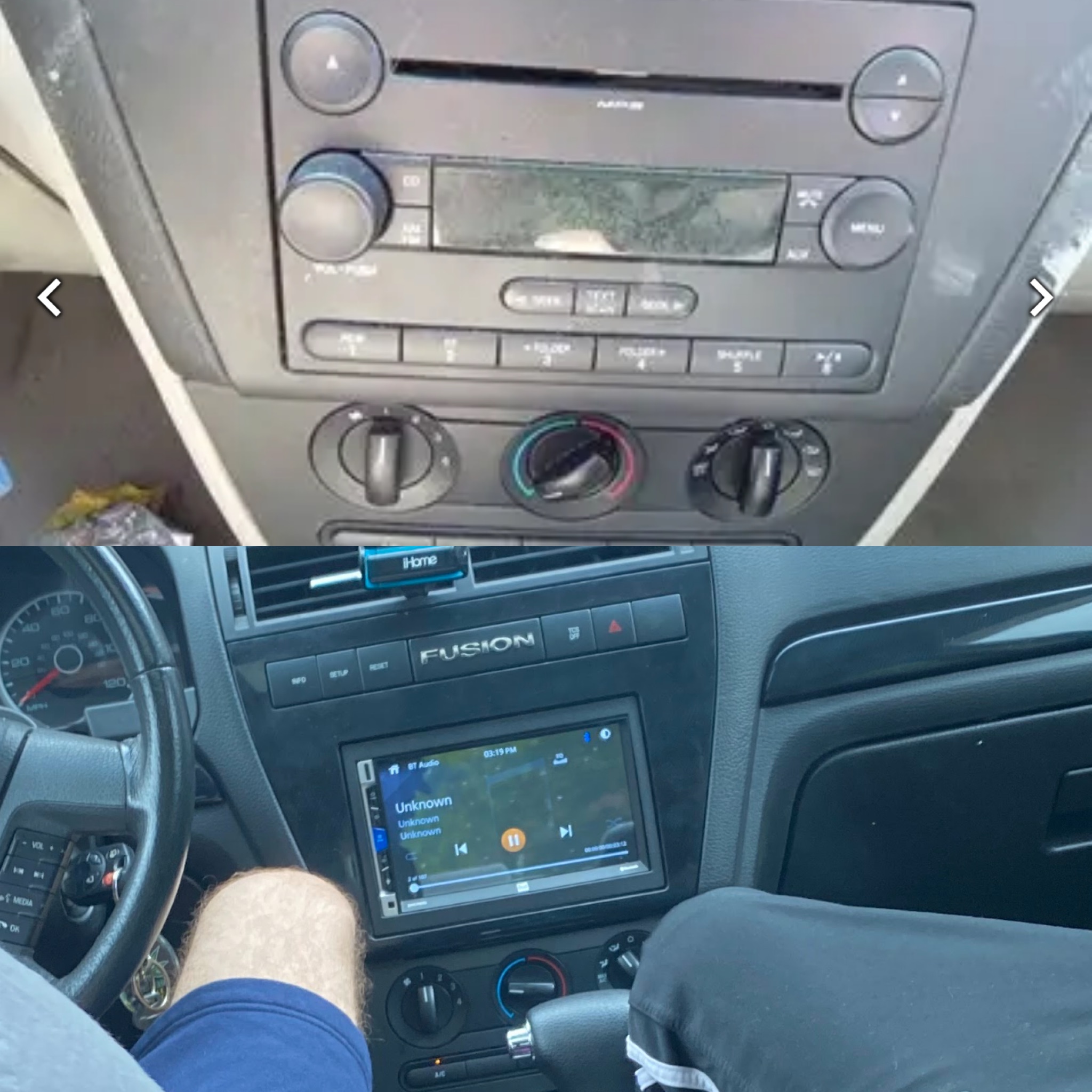 Ford factory radio replaced with an Android CarPlay unit, before and after